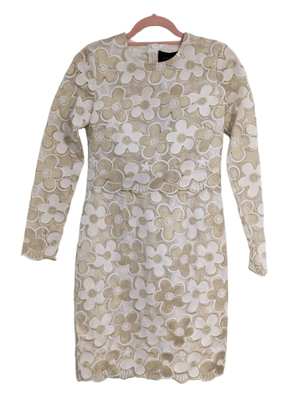 Cenia New York Floral Embroidered Long Sleeve Dress In Gold & White Size 2
